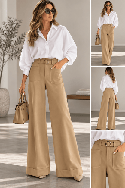 High-Waist Belted Wide-Leg Khaki Pants