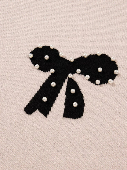 Pearl Embellished Bow Pattern Loose Sweater Sweaters The Nichole Collection