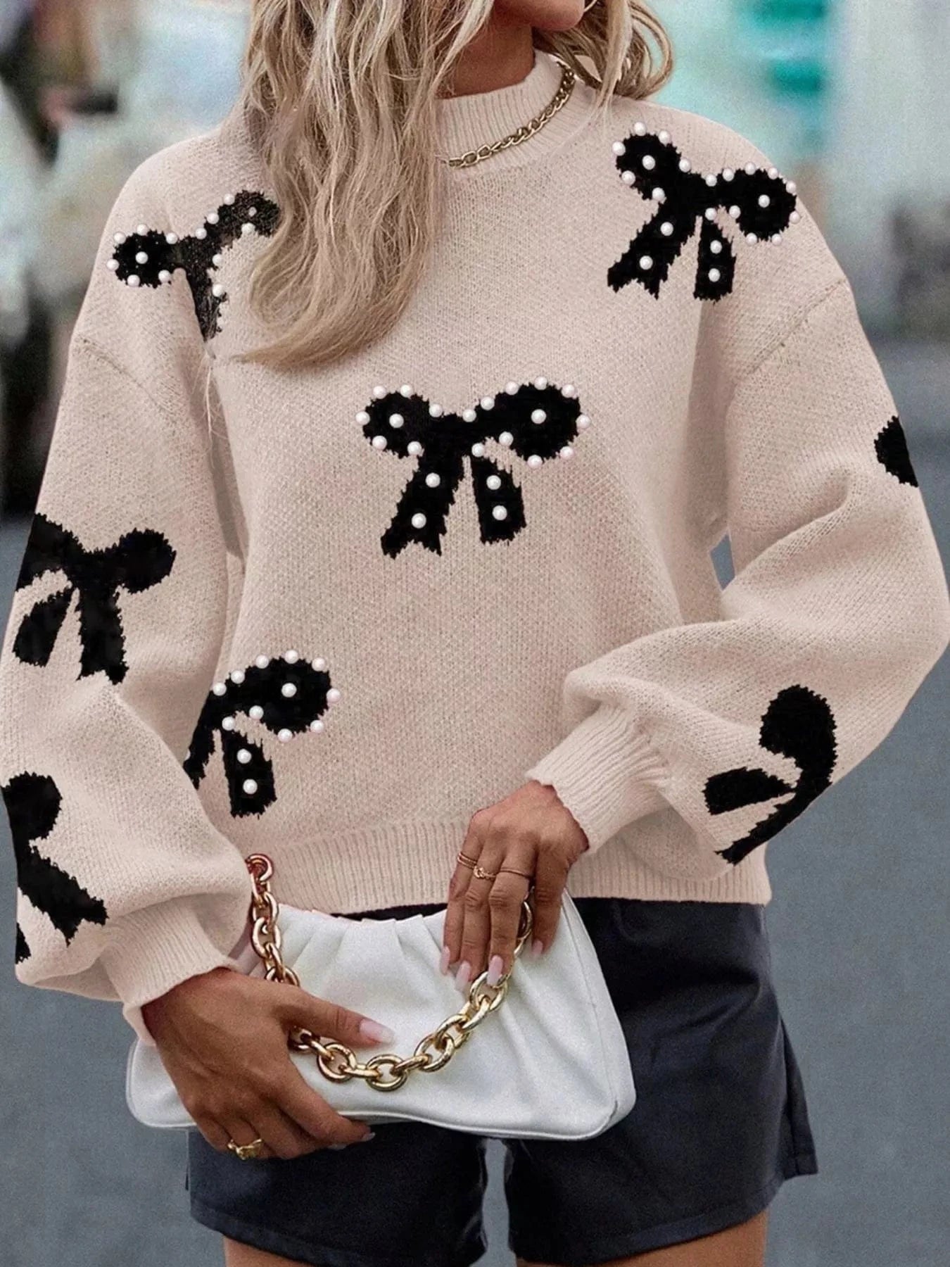 Pearl Embellished Bow Pattern Loose Sweater Sweaters The Nichole Collection