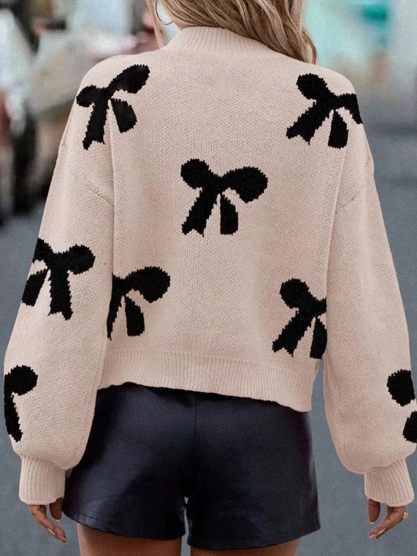 Pearl Embellished Bow Pattern Loose Sweater Sweaters The Nichole Collection