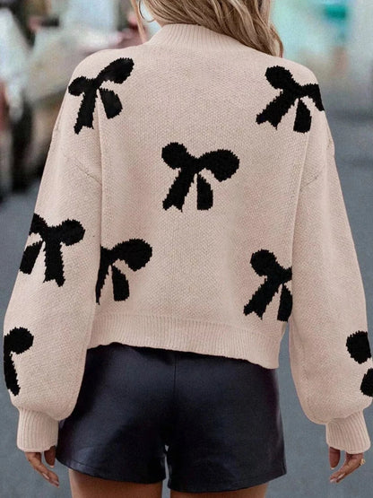 Pearl Embellished Bow Pattern Loose Sweater Sweaters The Nichole Collection