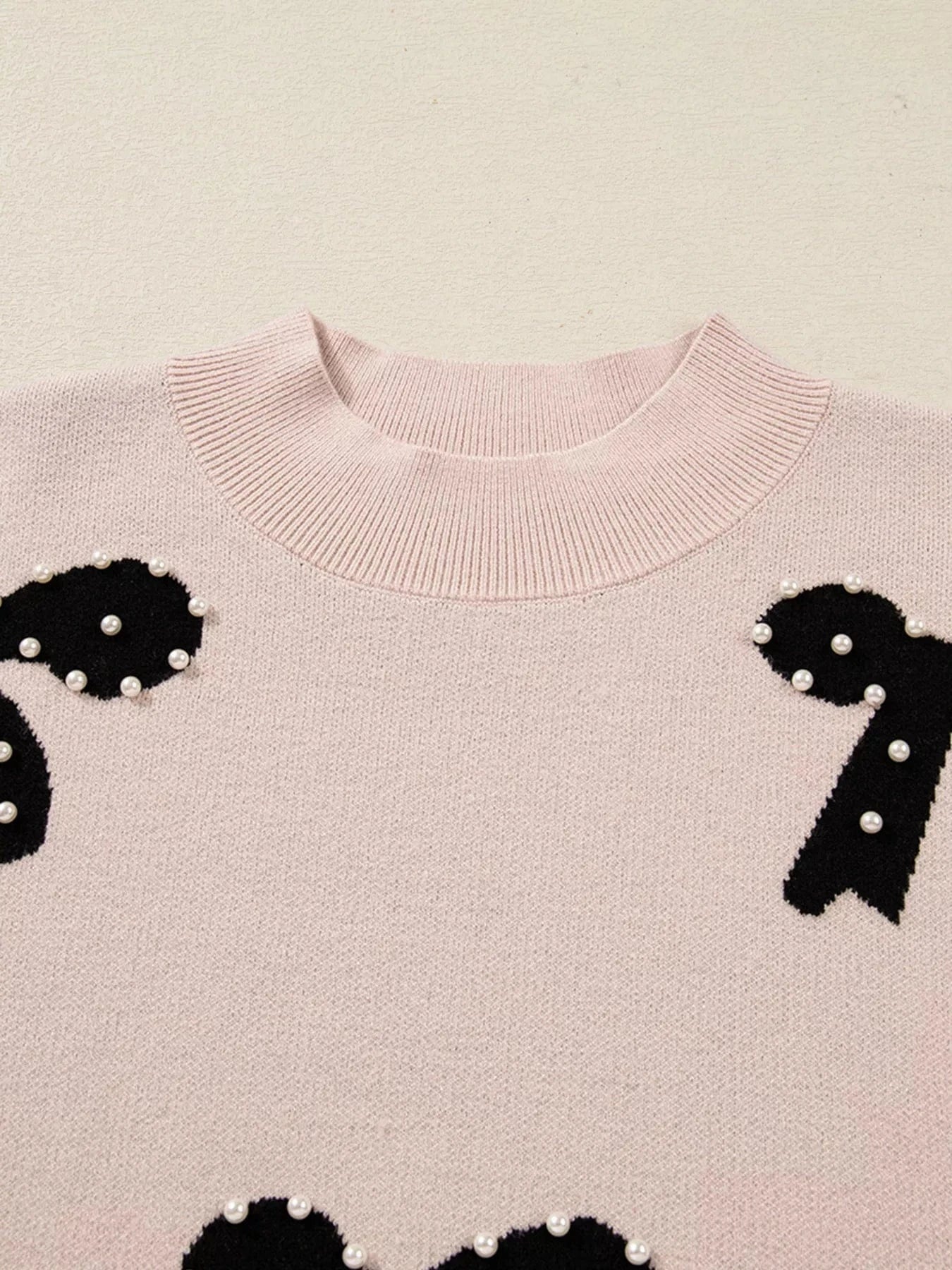 Pearl Embellished Bow Pattern Loose Sweater Sweaters The Nichole Collection