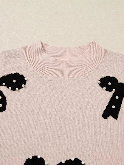 Pearl Embellished Bow Pattern Loose Sweater Sweaters The Nichole Collection