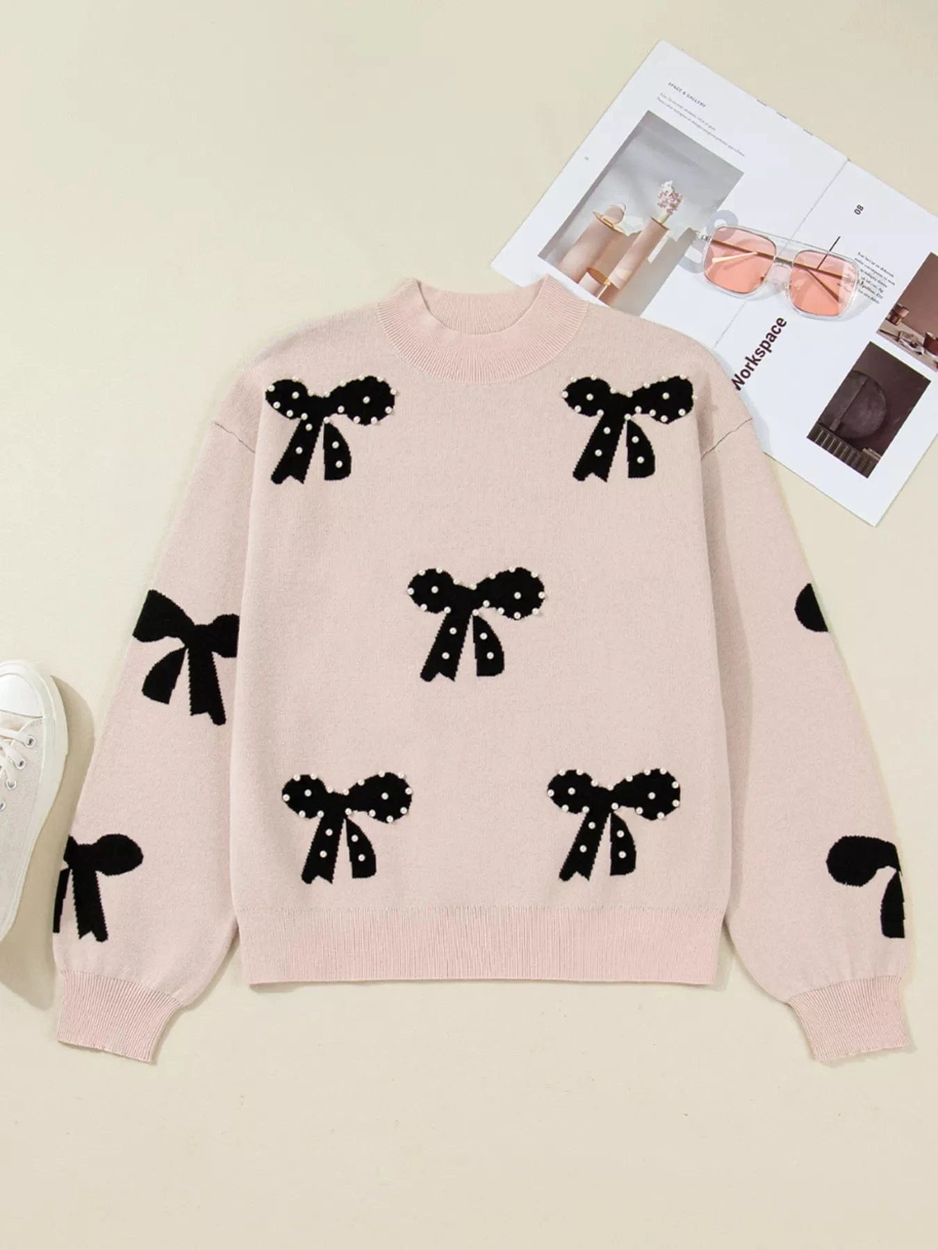 Pearl Embellished Bow Pattern Loose Sweater Sweaters The Nichole Collection