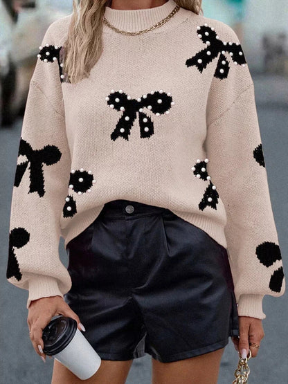 Pearl Embellished Bow Pattern Loose Sweater Sweaters Dust Storm / S The Nichole Collection