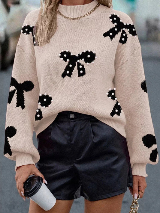 Pearl Embellished Bow Pattern Loose Sweater Sweaters Dust Storm / S The Nichole Collection