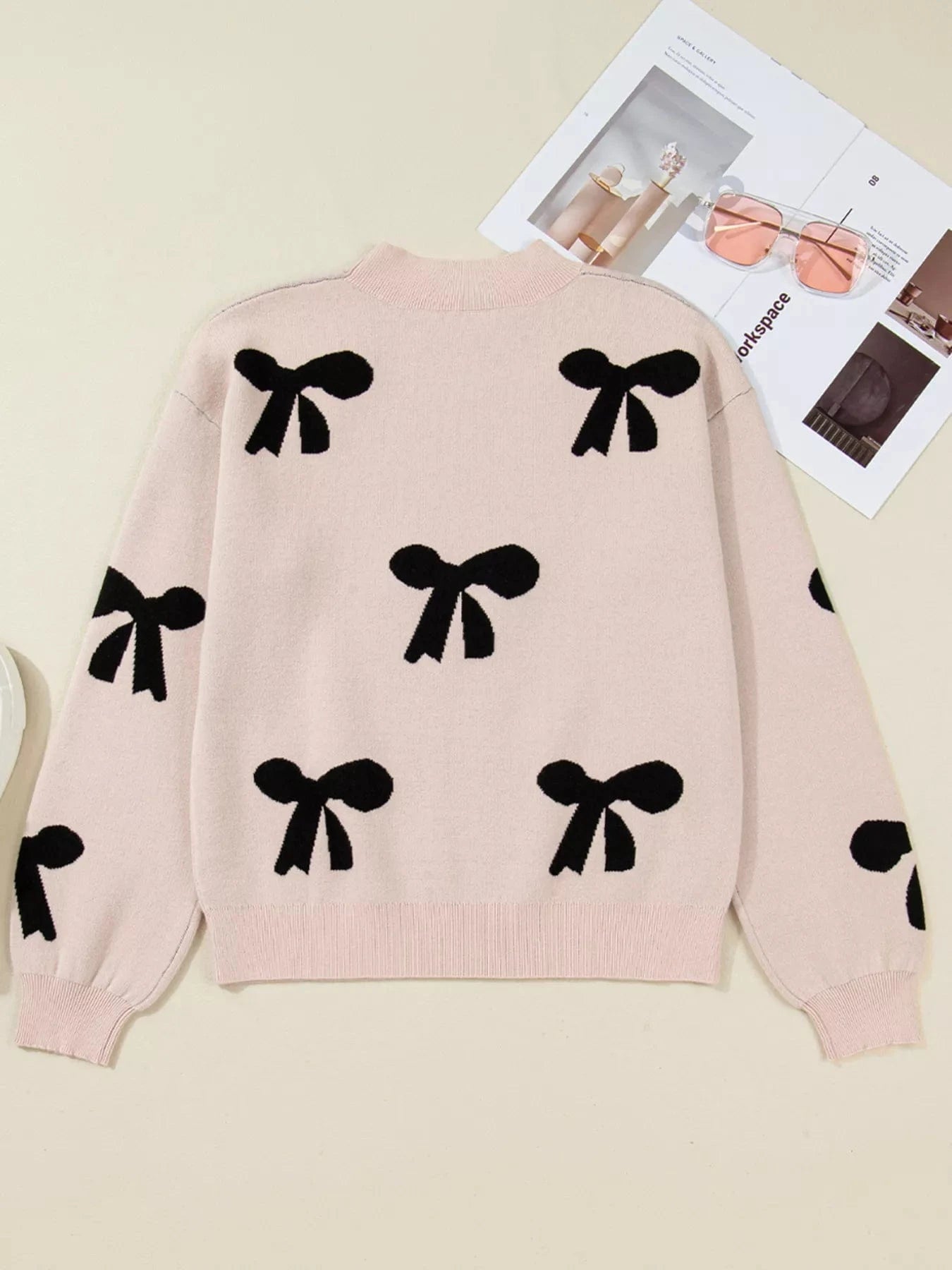 Pearl Embellished Bow Pattern Loose Sweater Sweaters The Nichole Collection