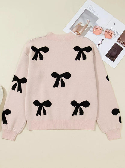 Pearl Embellished Bow Pattern Loose Sweater Sweaters The Nichole Collection