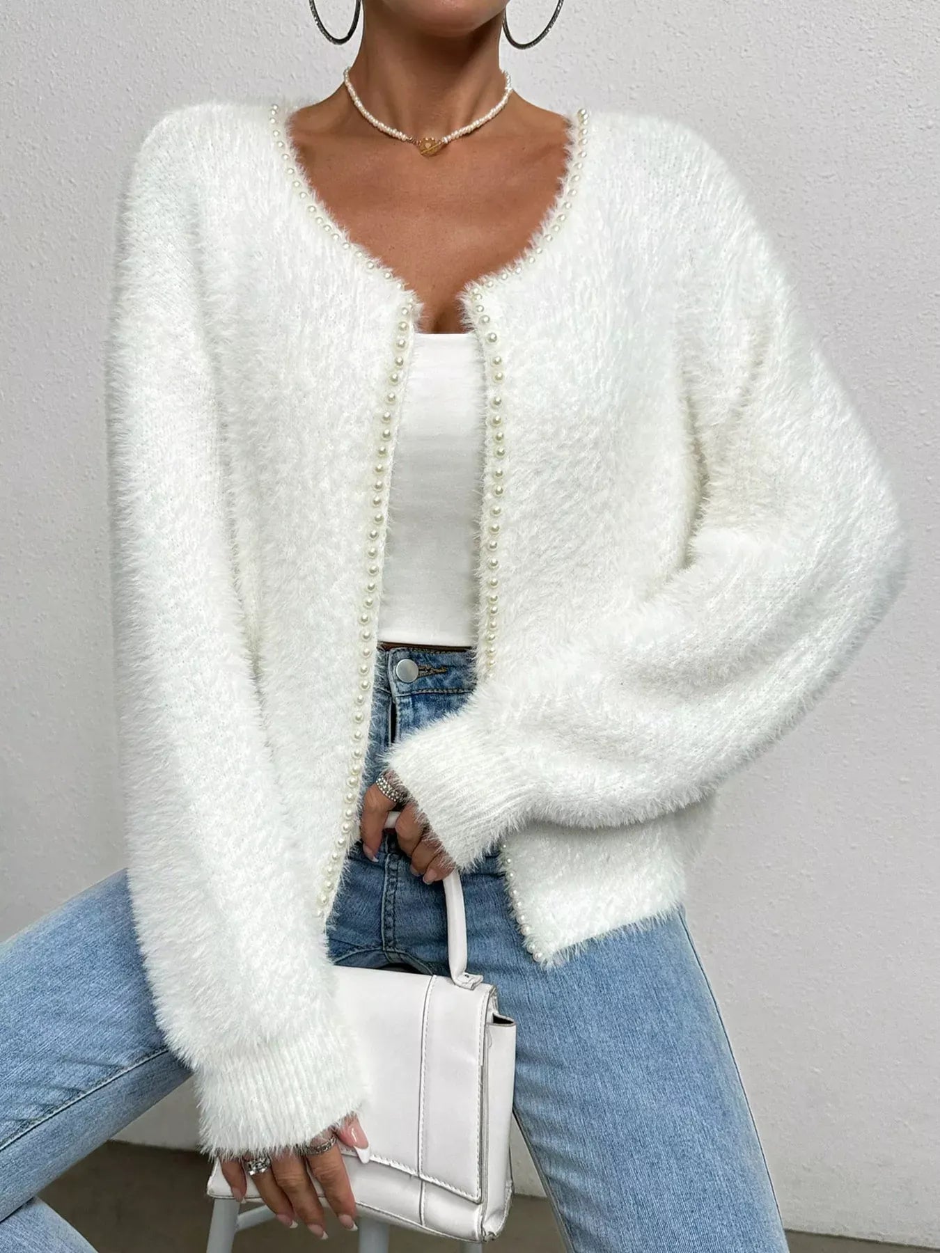 Pearl Trim Fuzzy Knit Cardigan White / S The Nichole Collection