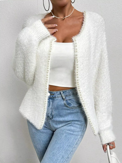 Pearl Trim Fuzzy Knit Cardigan The Nichole Collection