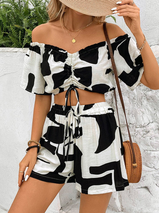 Perfect Drawstring Off-Shoulder Top and Shorts Set The Nichole Collection