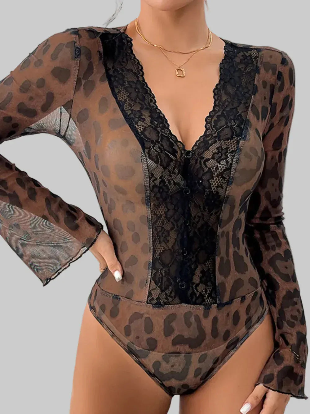 Perfee Leopard V-Neck Lace Bodysuit The Nichole Collection