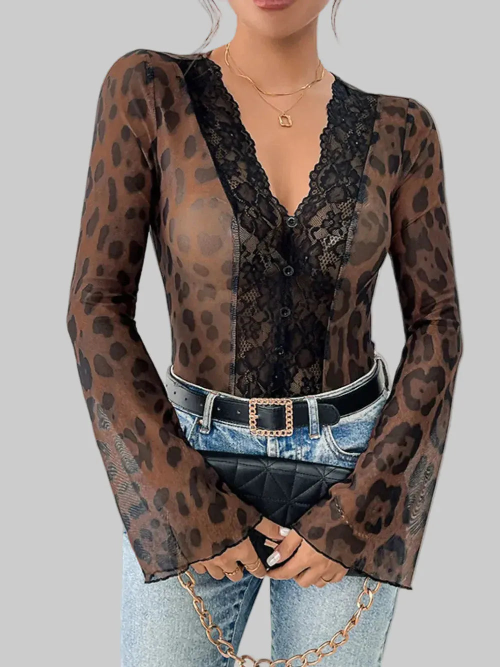 Perfee Leopard V-Neck Lace Bodysuit Brown / S The Nichole Collection
