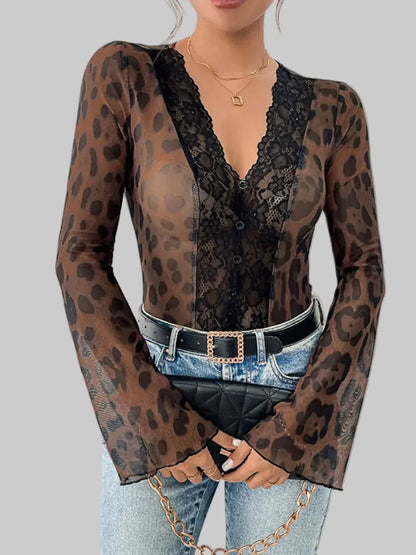 Perfee Leopard V-Neck Lace Bodysuit Brown / S The Nichole Collection