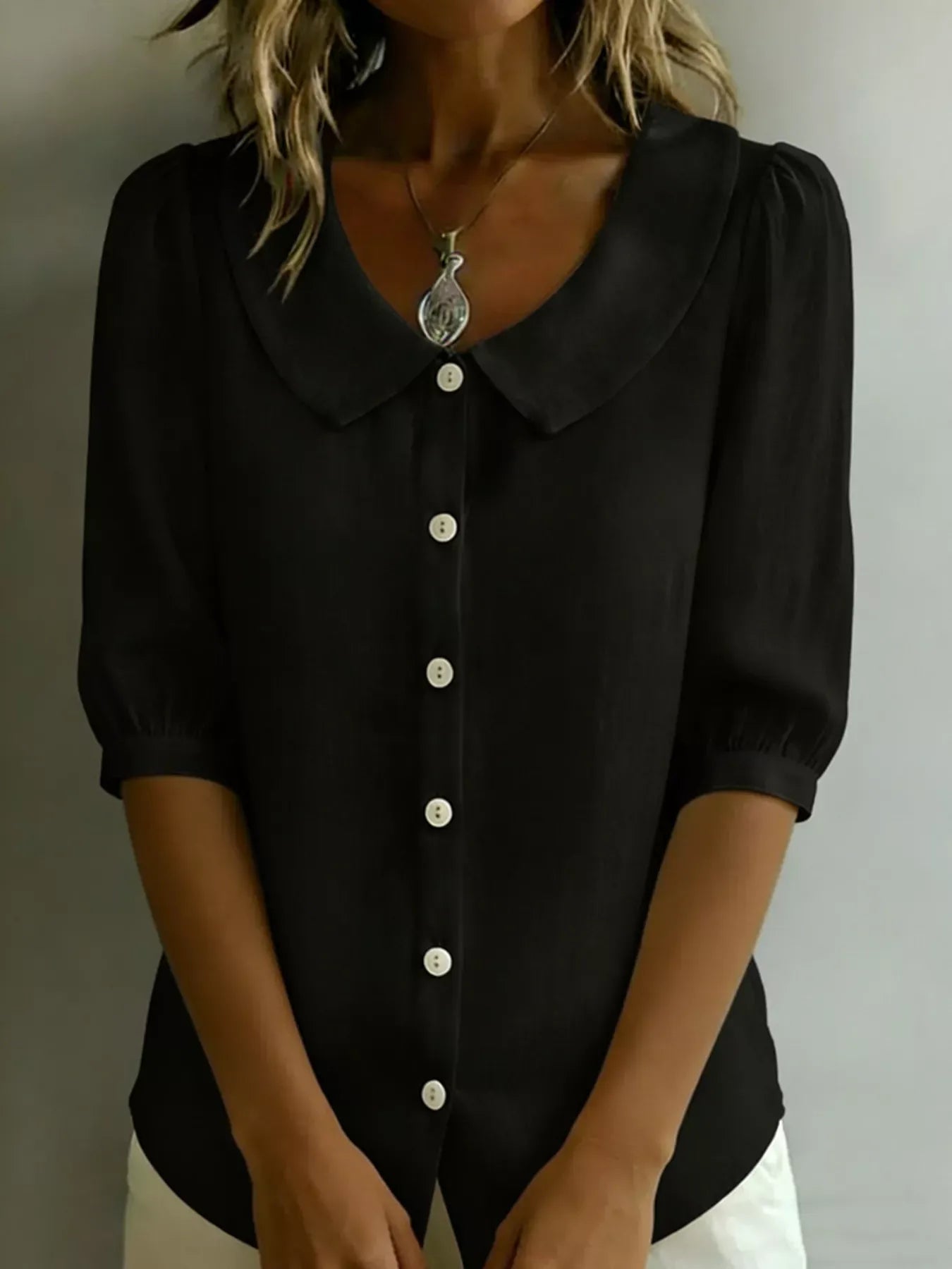 Peter Pan Collar Puff Sleeve Shirt Black / S The Nichole Collection - Official Site