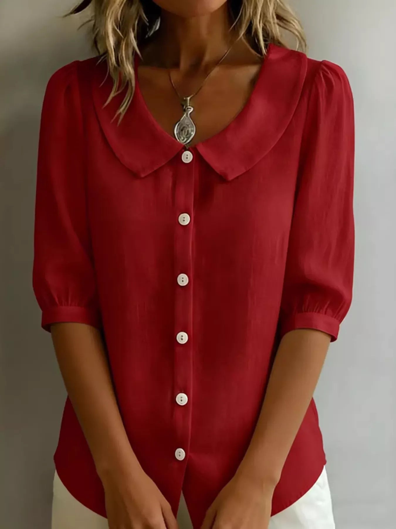 Peter Pan Collar Puff Sleeve Shirt Deep Red / S The Nichole Collection - Official Site