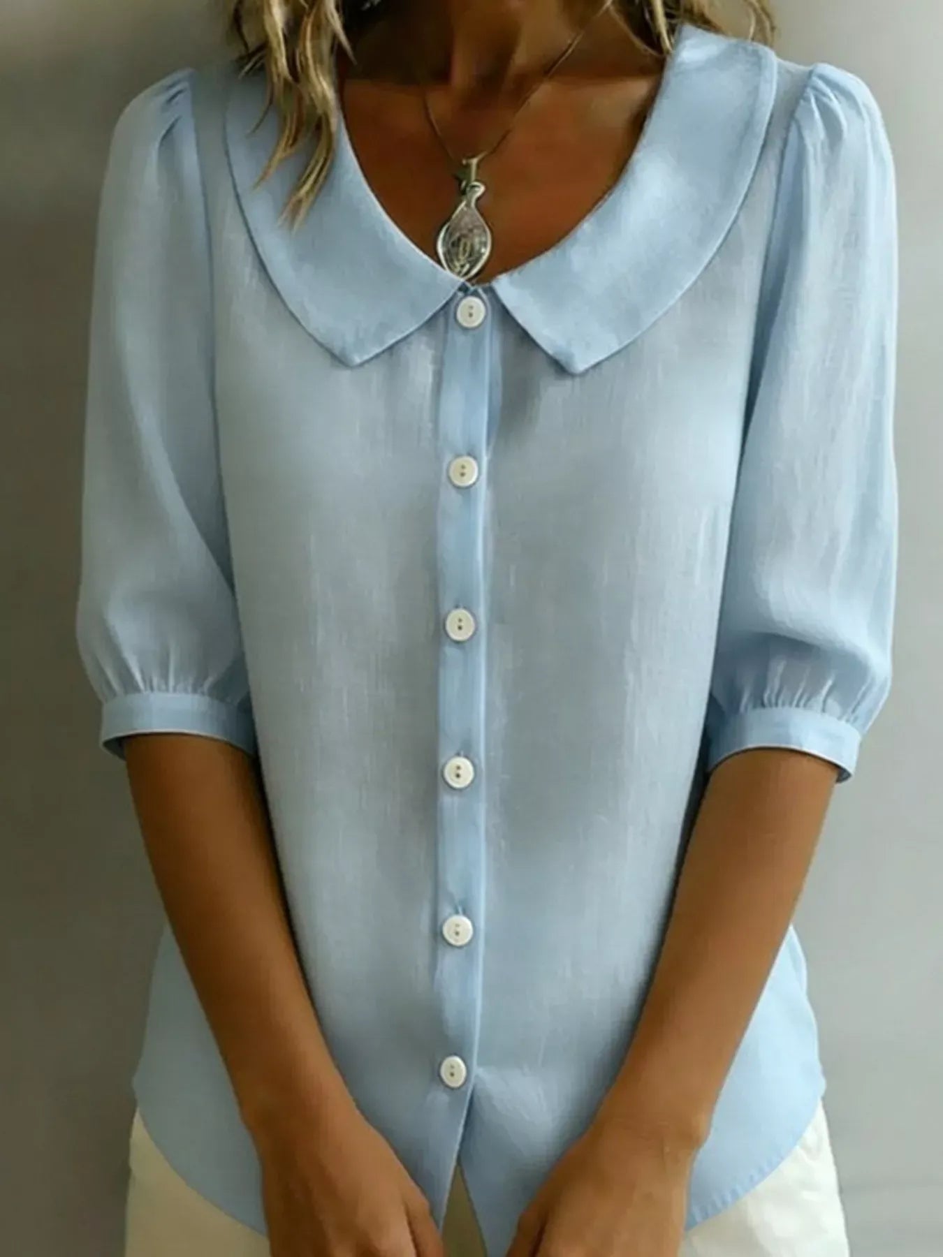 Peter Pan Collar Puff Sleeve Shirt Light Blue / S The Nichole Collection - Official Site