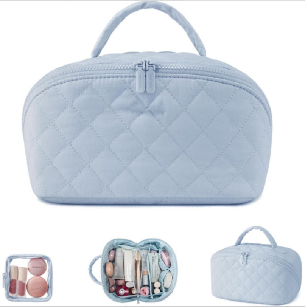 Petition Makeup Bag for Women – Lay-Flat Wide Open Cosmetic Case in Faux Leather Makeup Bag Blue The Nichole Collection