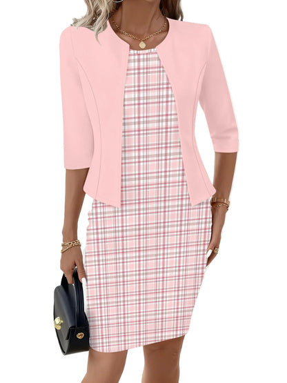 Pink Plaid Dress Set – Casual Round Neck Matching Outfit Pink / S Mini Dresses The Nichole Collection