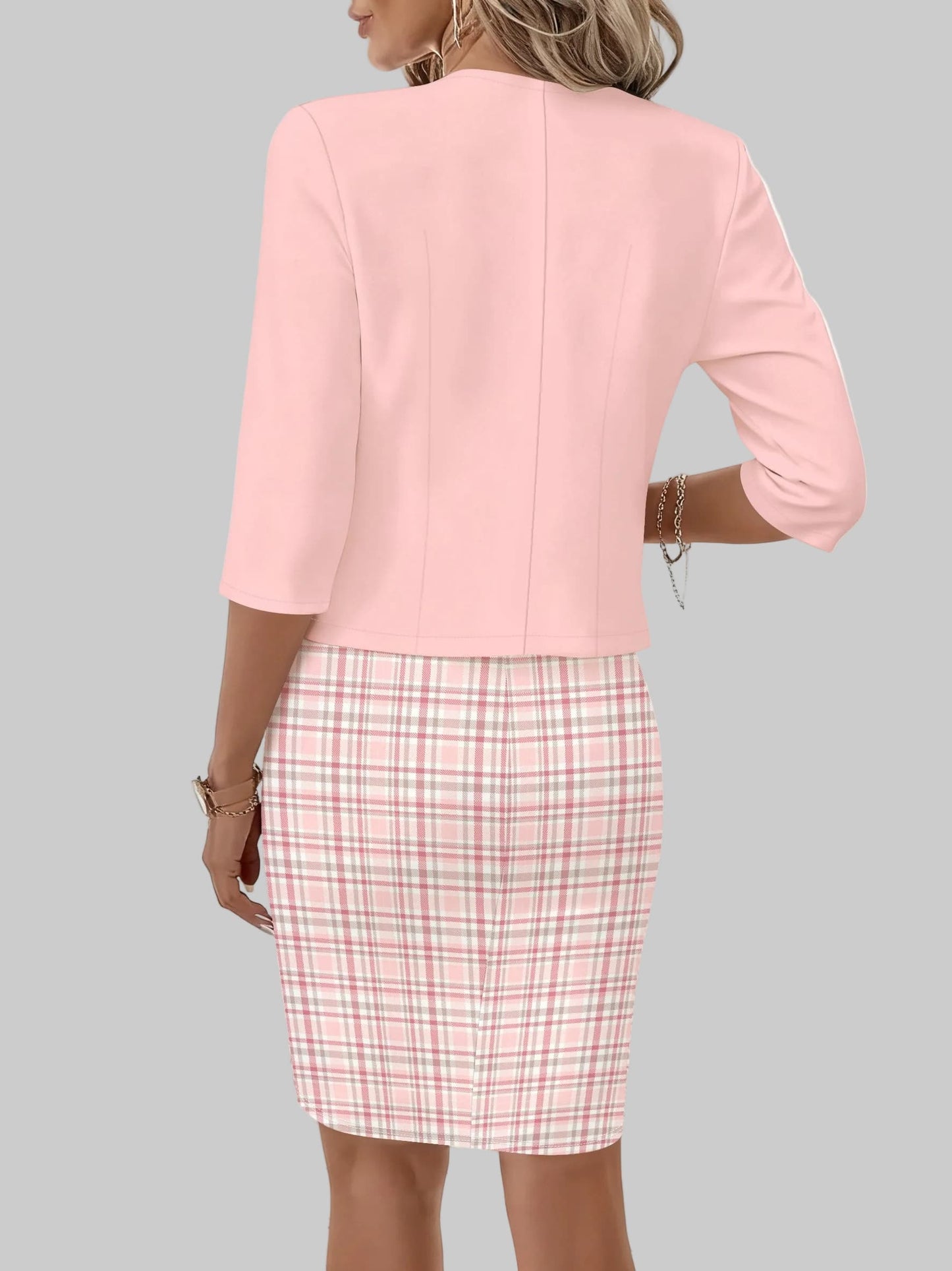 Pink Plaid Dress Set – Casual Round Neck Matching Outfit Mini Dresses The Nichole Collection