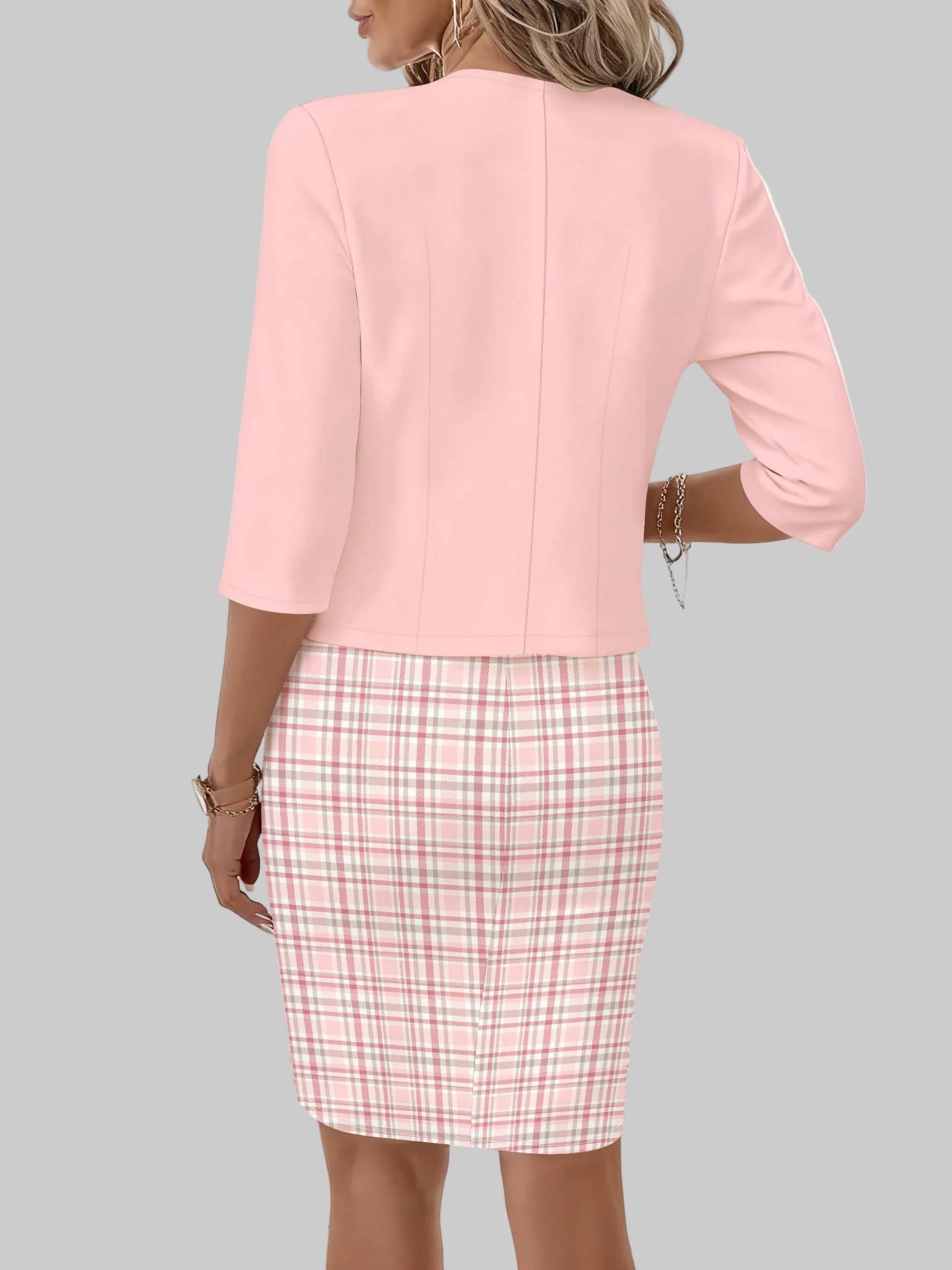 Pink Plaid Dress Set – Casual Round Neck Matching Outfit Mini Dresses The Nichole Collection