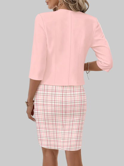 Pink Plaid Dress Set – Casual Round Neck Matching Outfit Mini Dresses The Nichole Collection