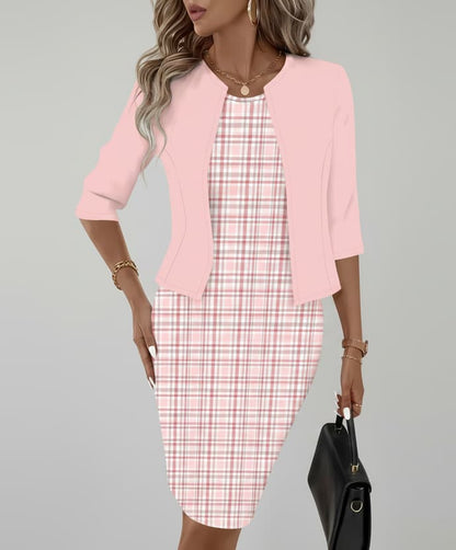 Pink Plaid Dress Set – Casual Round Neck Matching Outfit Mini Dresses The Nichole Collection