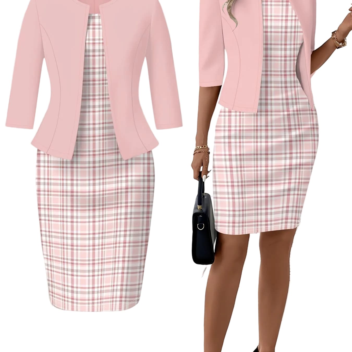 Pink Plaid Dress Set – Casual Round Neck Matching Outfit Mini Dresses The Nichole Collection