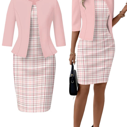Pink Plaid Dress Set – Casual Round Neck Matching Outfit Mini Dresses The Nichole Collection