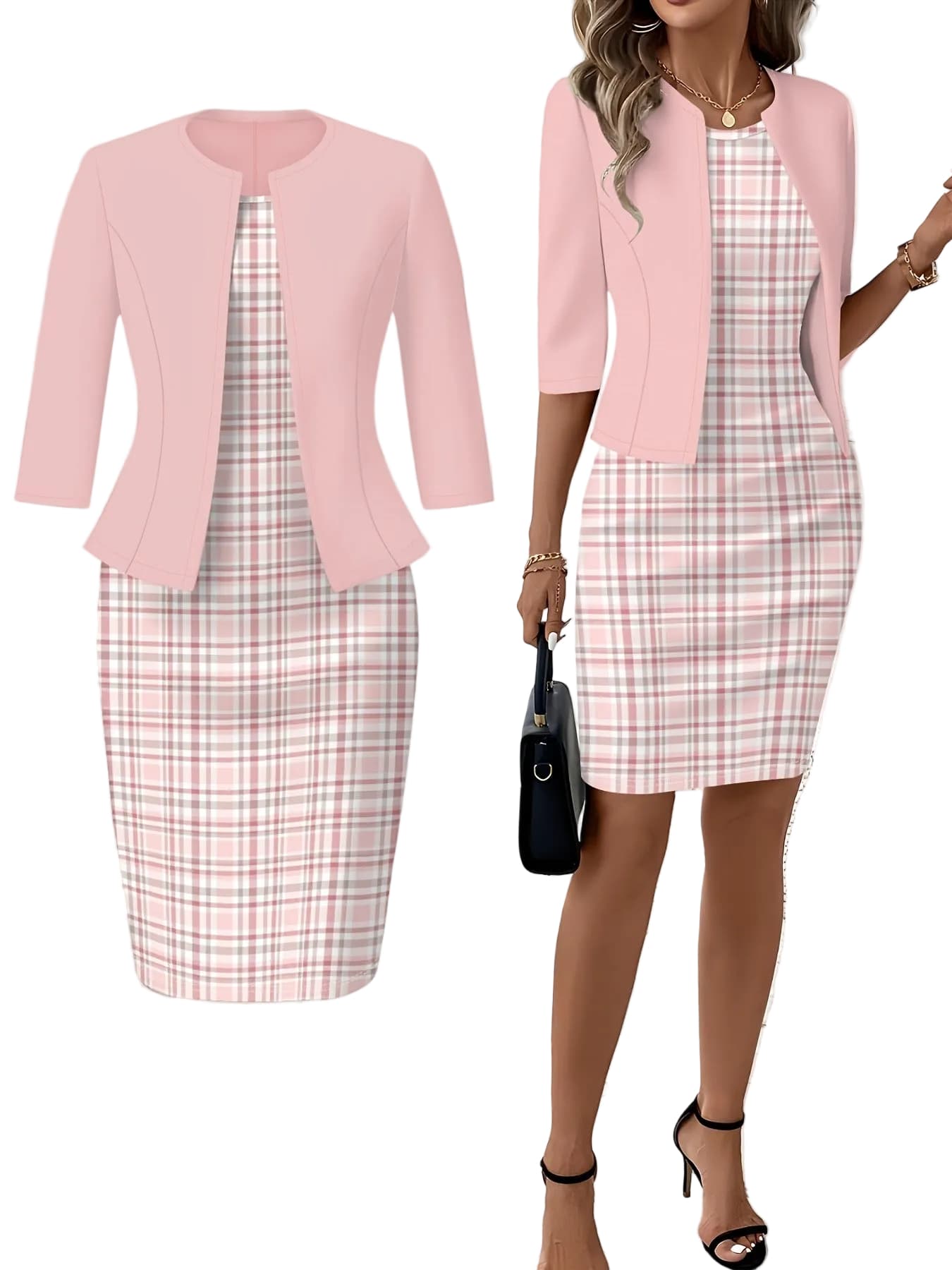 Pink Plaid Dress Set – Casual Round Neck Matching Outfit Mini Dresses The Nichole Collection