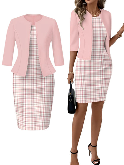 Pink Plaid Dress Set – Casual Round Neck Matching Outfit Mini Dresses The Nichole Collection