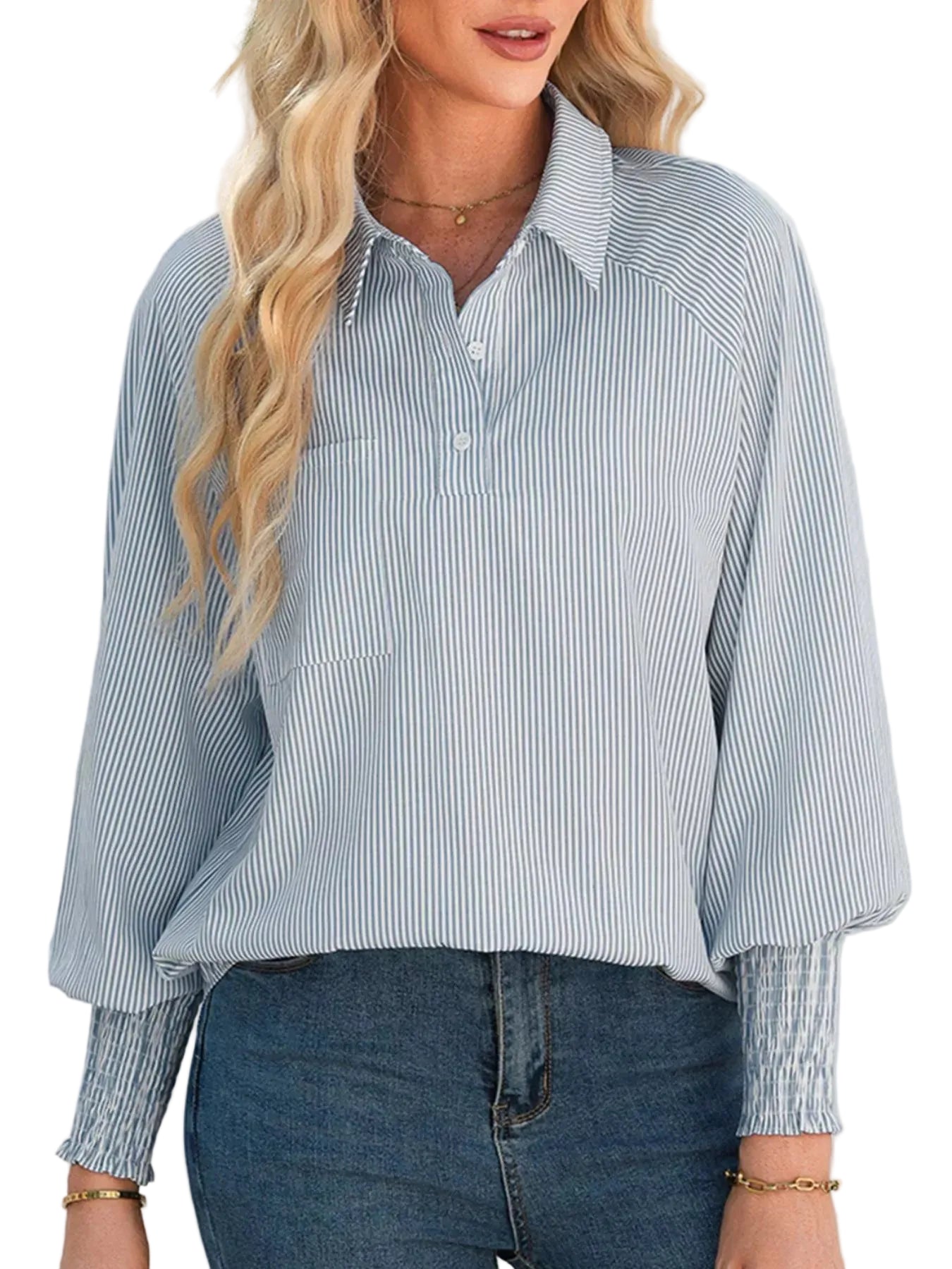 Pinstripe Smocked Cuff Button-Down Blouse The Nichole Collection - Official Site