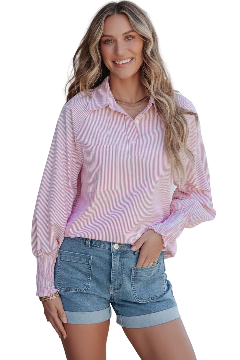 Pinstripe Smocked Cuff Button-Down Blouse The Nichole Collection - Official Site