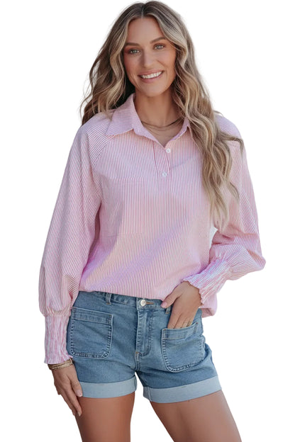 Pinstripe Smocked Cuff Button-Down Blouse The Nichole Collection - Official Site