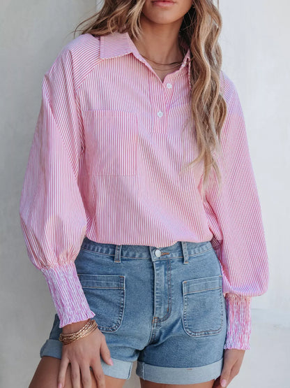 Pinstripe Smocked Cuff Button-Down Blouse The Nichole Collection - Official Site