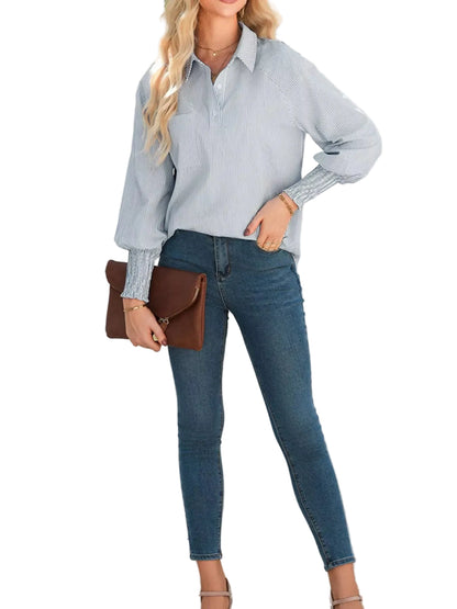 Pinstripe Smocked Cuff Button-Down Blouse The Nichole Collection - Official Site