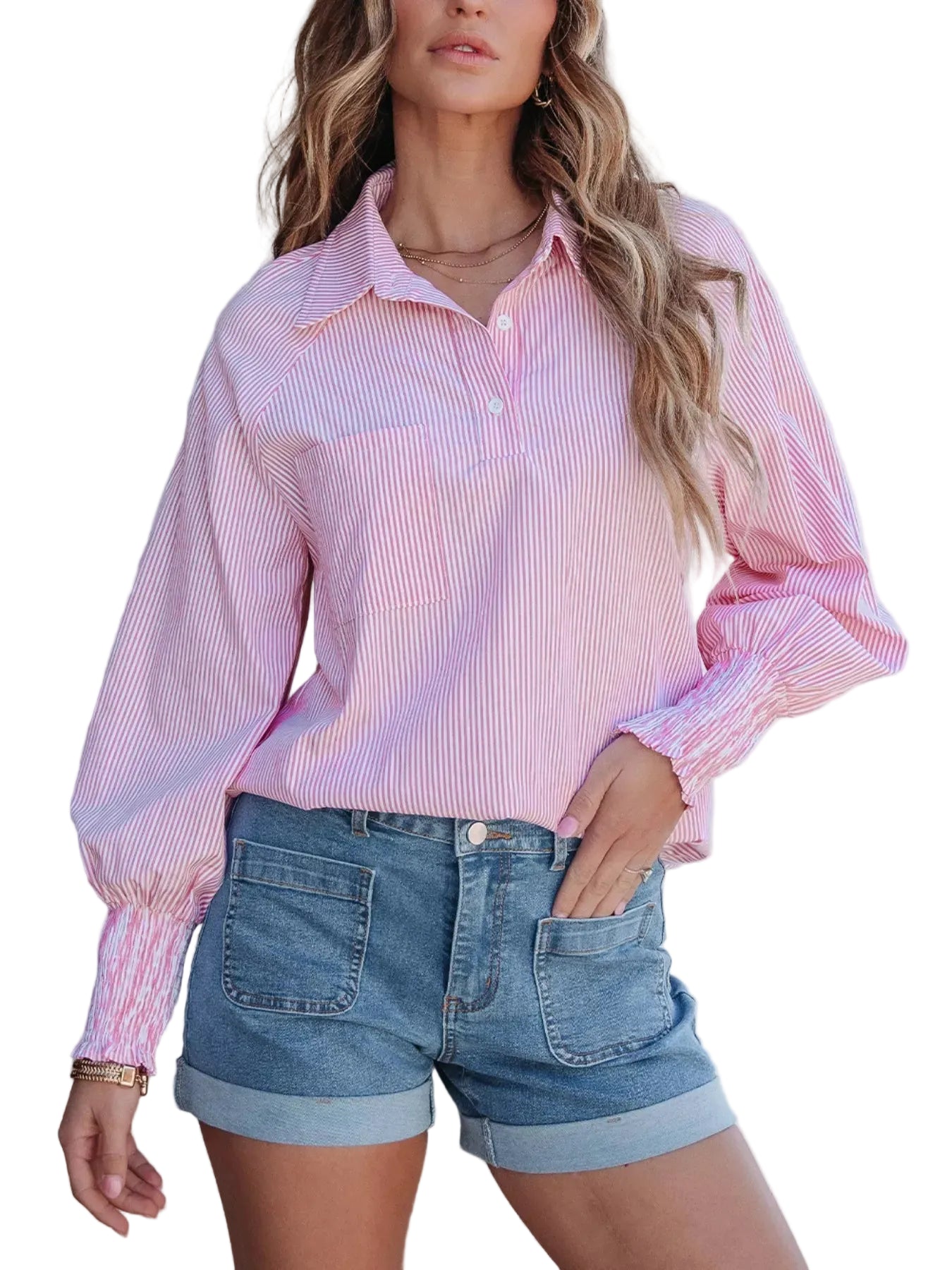 Pinstripe Smocked Cuff Button-Down Blouse Blush Pink / S The Nichole Collection - Official Site