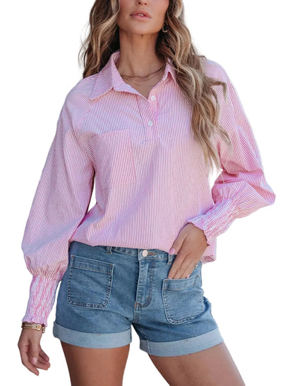 Pinstripe Smocked Cuff Button-Down Blouse Blush Pink / S The Nichole Collection - Official Site