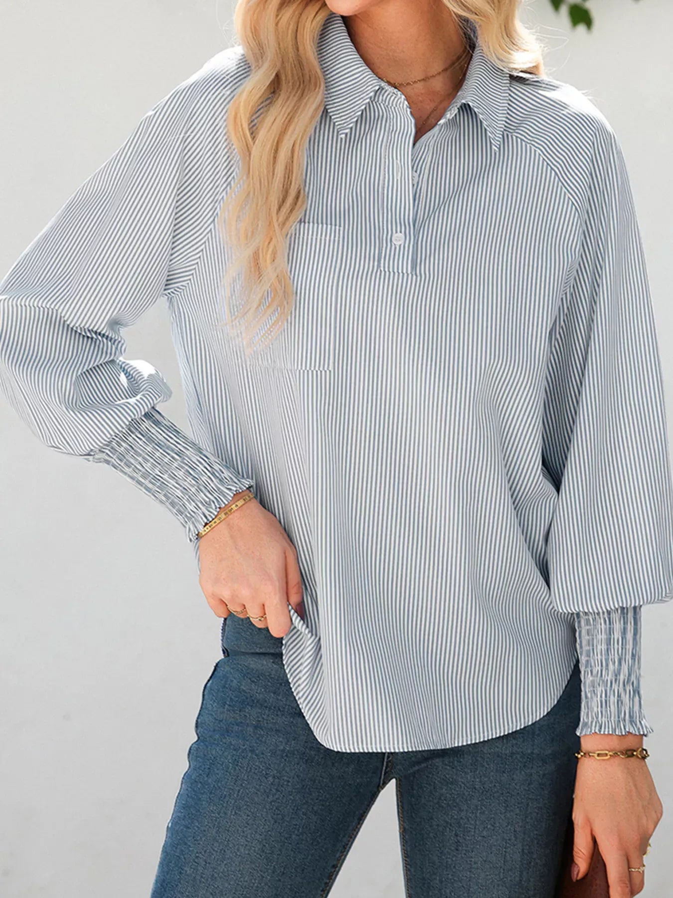 Pinstripe Smocked Cuff Button-Down Blouse Gray / S The Nichole Collection - Official Site