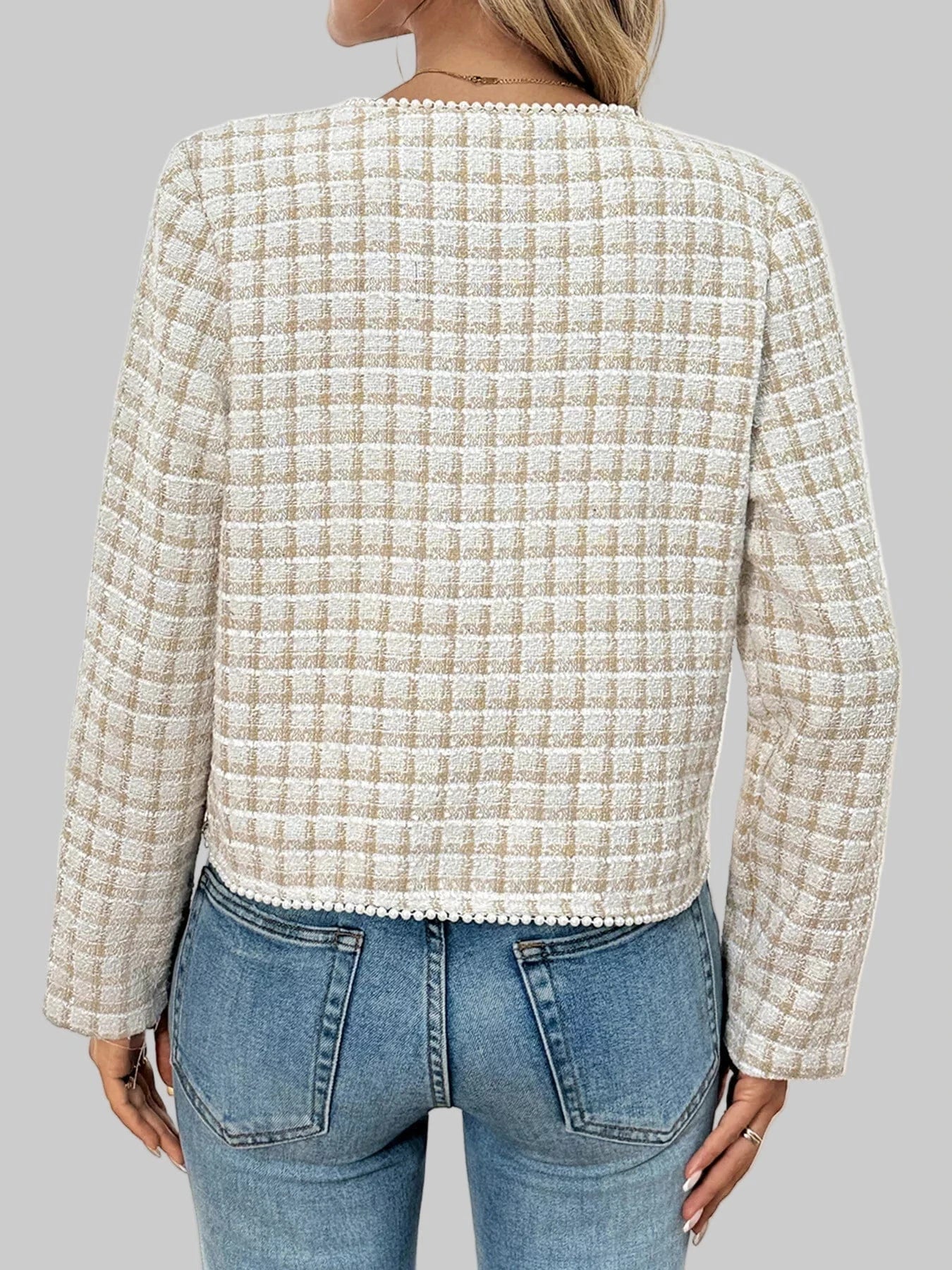 Plaid Button-Front Blazer with Pearl Details Blazers The Nichole Collection