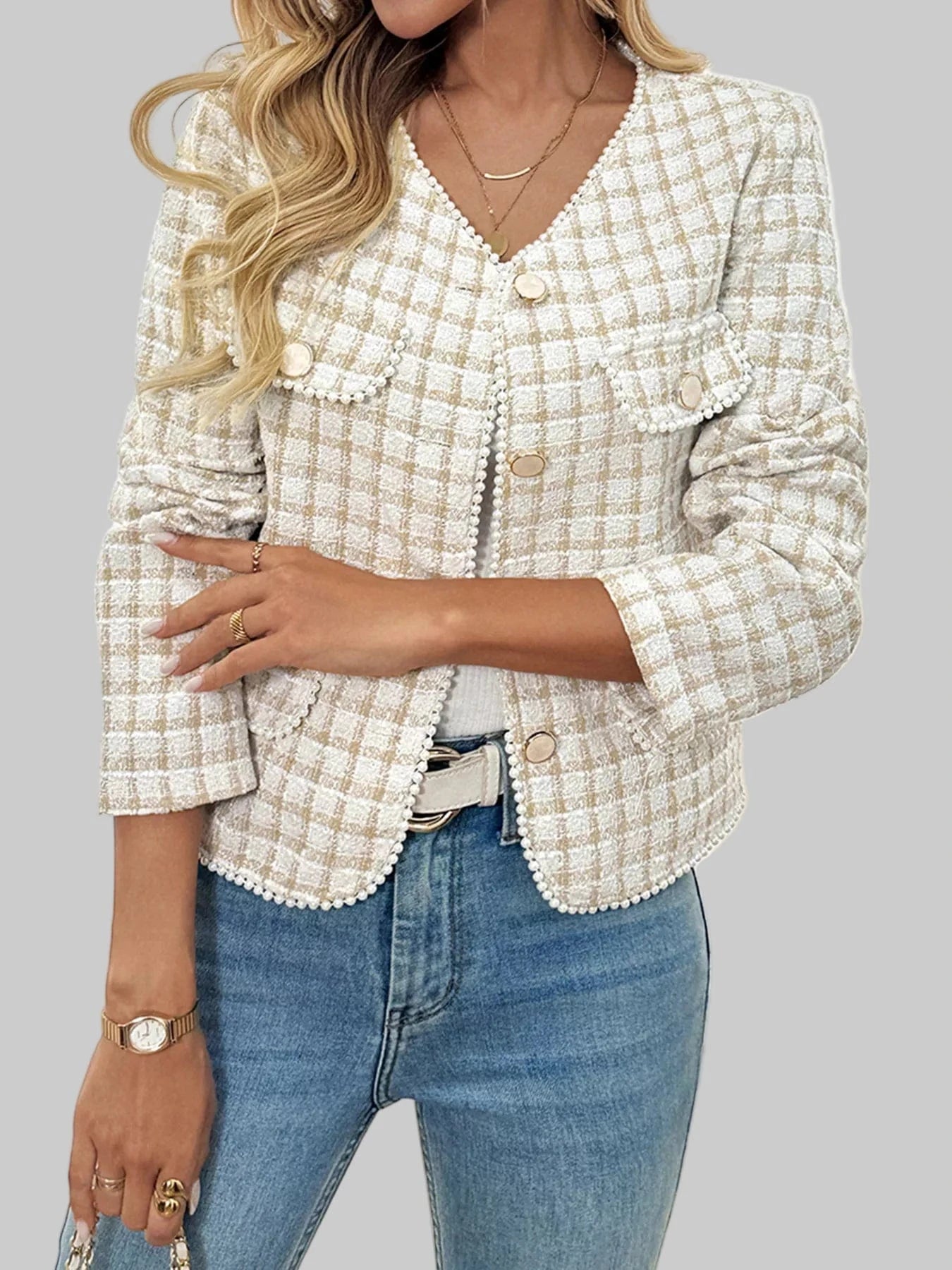 Plaid Button-Front Blazer with Pearl Details Blazers The Nichole Collection
