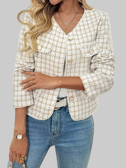 Plaid Button-Front Blazer with Pearl Details Blazers The Nichole Collection