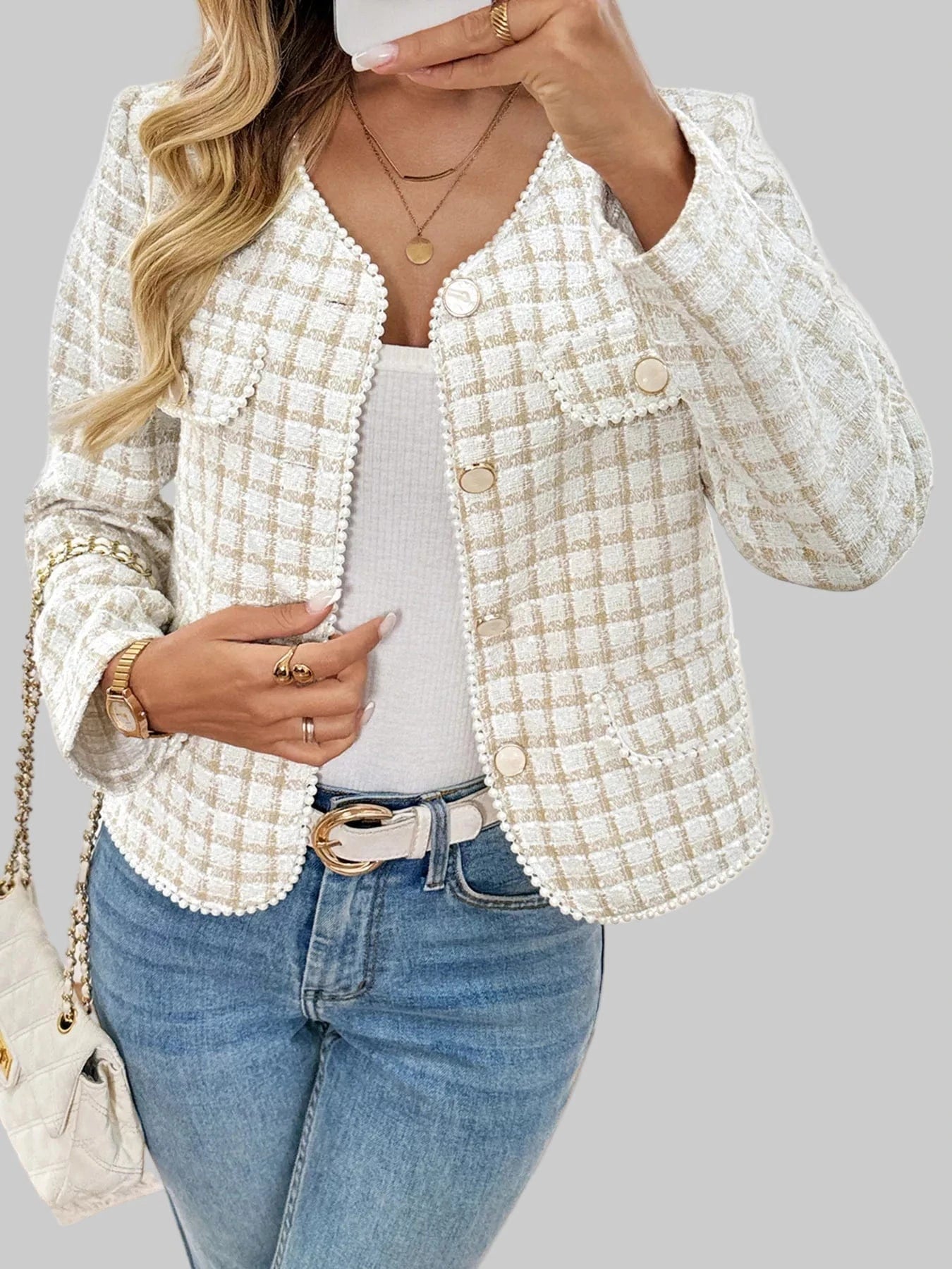 Plaid Button-Front Blazer with Pearl Details Blazers The Nichole Collection