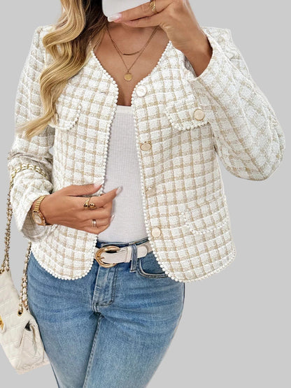 Plaid Button-Front Blazer with Pearl Details Blazers The Nichole Collection