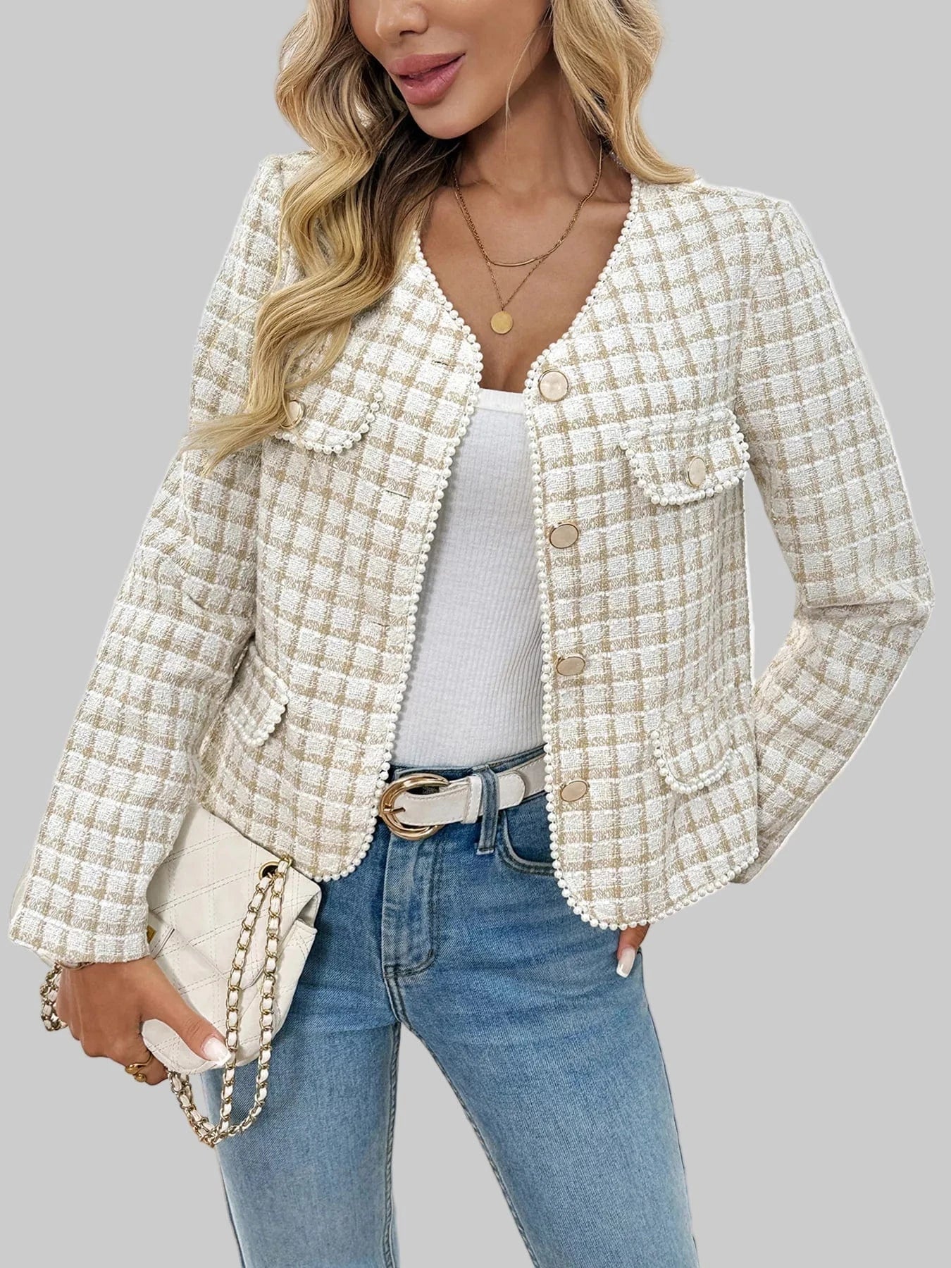 Plaid Button-Front Blazer with Pearl Details Blazers The Nichole Collection