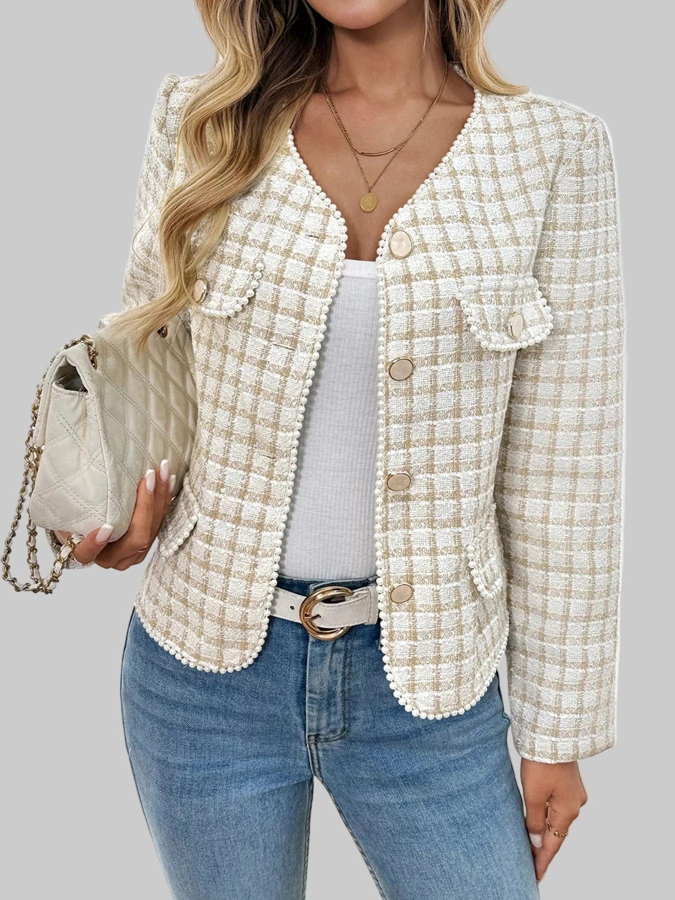 Plaid Button-Front Blazer with Pearl Details Blazers The Nichole Collection