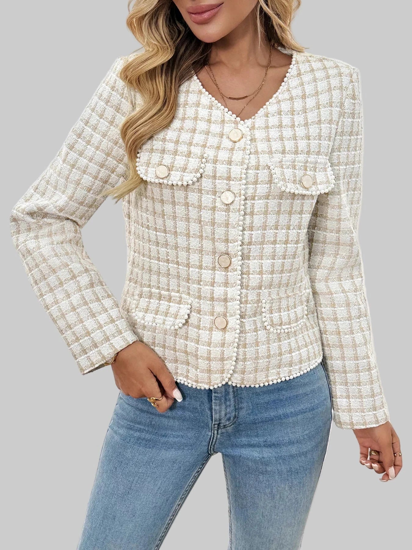 Plaid Button-Front Blazer with Pearl Details Blazers Apricot / S The Nichole Collection