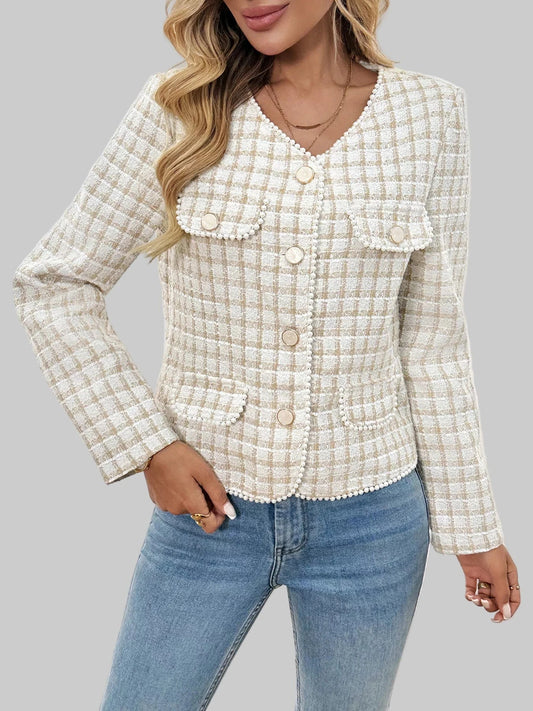 Plaid Button-Front Blazer with Pearl Details Blazers Apricot / S The Nichole Collection