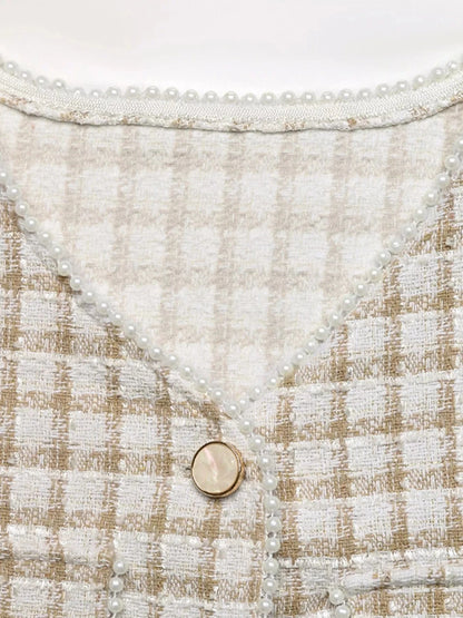 Plaid Button-Front Blazer with Pearl Details Blazers The Nichole Collection