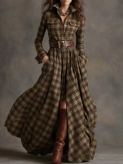 Plaid Button Front Maxi Shirt Dress Brown / S The Nichole Collection